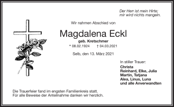 Traueranzeige von Magdalena Eckl von Frankenpost