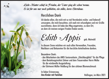 Traueranzeige von Edith Appis von Südthüringer Presse