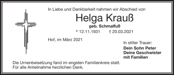 Traueranzeige von Helga Krauß von Frankenpost