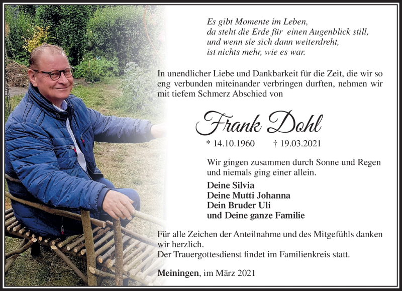  Traueranzeige für Frank Dohl vom 24.03.2021 aus Südthüringer Presse