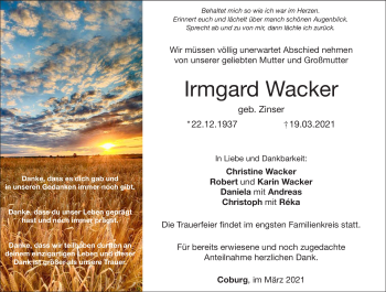 Traueranzeige von Irmgard Wacker von Neue Presse Coburg