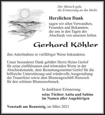Traueranzeige von Gerhard Köhler von Südthüringer Presse