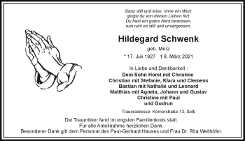 Traueranzeige von Hildegard Schwenk von Frankenpost