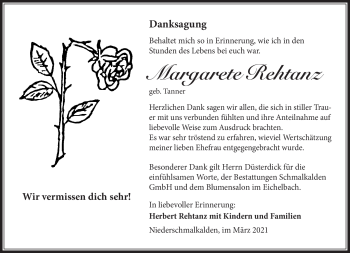 Traueranzeige von Margarete Rehtanz von Südthüringer Presse