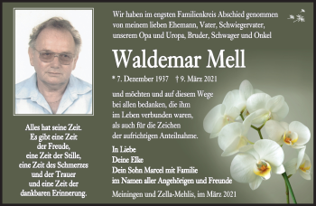 Traueranzeige von Waldemar Mell von Südthüringer Presse