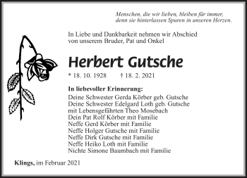Traueranzeige von Herberzt Gutsche von Südthüringer Presse