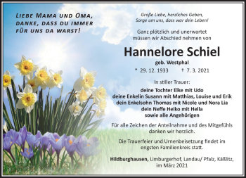 Traueranzeige von Hannelore Schiel von Südthüringer Presse