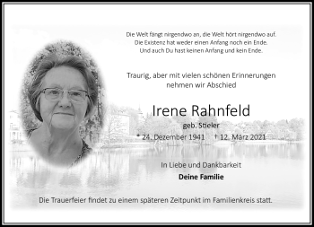 Traueranzeige von Irene Rahnfeld von Südthüringer Presse