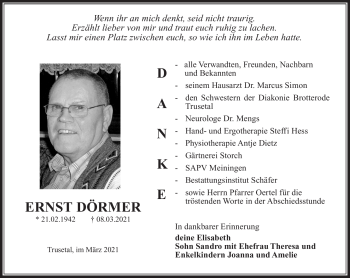 Traueranzeige von Ernst Dörmer von Südthüringer Presse
