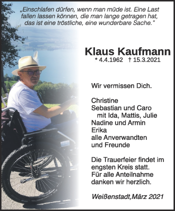 Traueranzeige von Klaus Kaufmann von Frankenpost