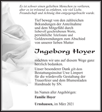 Traueranzeige von Ingeborg Hoyer von Südthüringer Presse