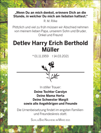 Traueranzeige von Detlev Harry Erich Berthold Müller von Südthüringer Presse