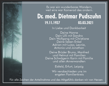 Traueranzeige von Dietmar Pudszuhn von Südthüringer Presse