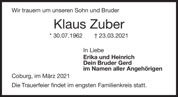 Traueranzeige von Klaus Zuber von Neue Presse Coburg