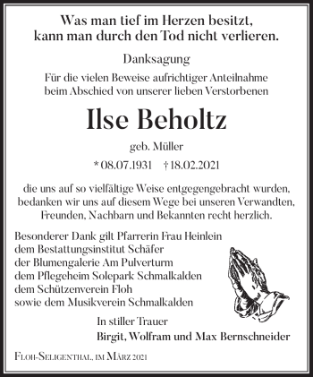 Traueranzeige von Ilse Beholtz von Südthüringer Presse