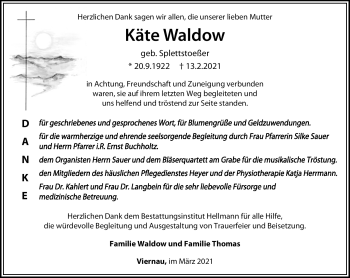 Traueranzeige von Käte Waldow von Südthüringer Presse