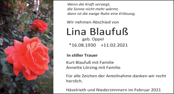 Traueranzeige von Lina Blaufuß von Südthüringer Presse