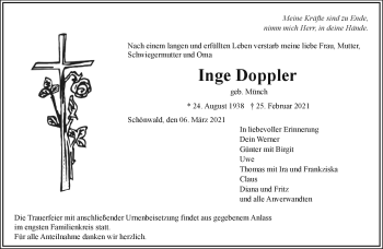 Traueranzeige von Inge Doppler von Frankenpost