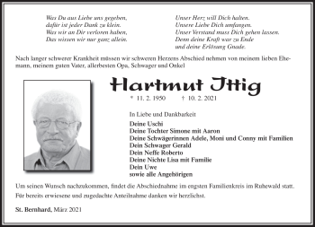 Traueranzeige von Hartmut Ittig von Südthüringer Presse