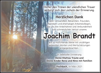 Traueranzeige von Joachim Brandt von Südthüringer Presse