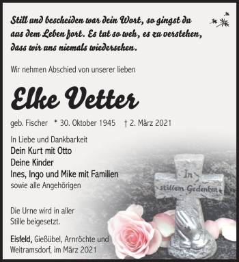 Traueranzeige von Elke Vetter von Südthüringer Presse