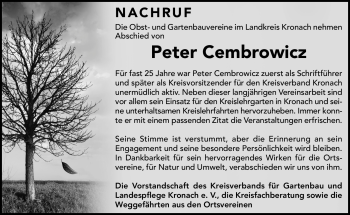 Traueranzeige von Peter Cembrowicz von Neue Presse Coburg