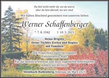 Traueranzeige von Werner Schaffenberger von Südthüringer Presse