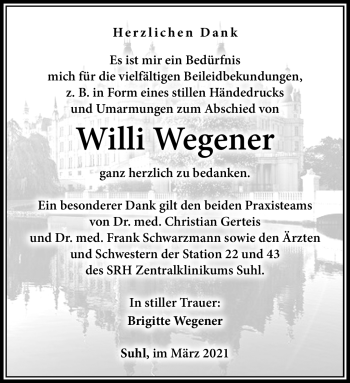 Traueranzeige von Willi Wegener von Südthüringer Presse