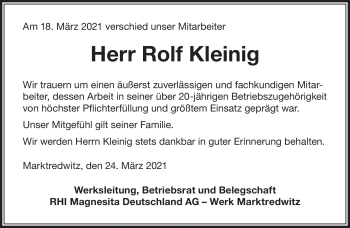 Traueranzeige von Rolf Kleinig von Frankenpost