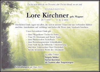 Traueranzeige von Lore Kirchner von Südthüringer Presse