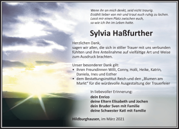 Traueranzeige von Sylvia Haßfurther von Südthüringer Presse