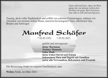 Traueranzeige von Manfred Schäfer von Südthüringer Presse