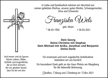 Traueranzeige von Franziska Wels von Neue Presse Coburg