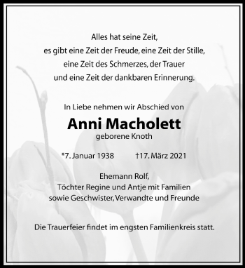 Traueranzeige von Anni Macholett von Südthüringer Presse