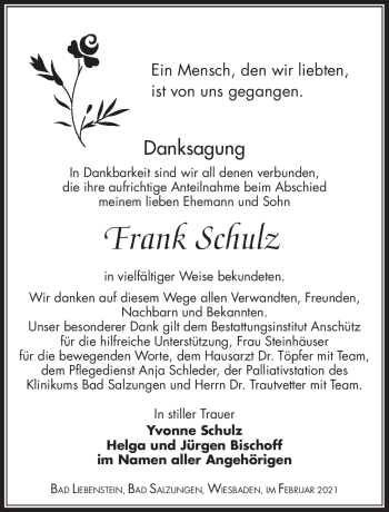 Traueranzeige von Frank Schulz von Südthüringer Presse