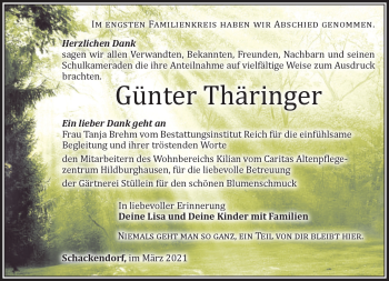 Traueranzeige von Günter Thäringer von Südthüringer Presse