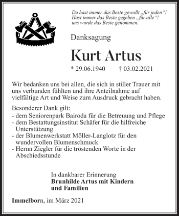 Traueranzeige von Kurt Artus von Südthüringer Presse