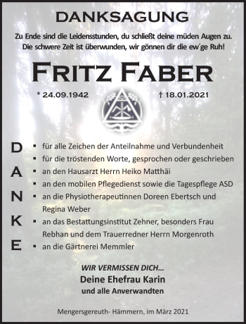 Traueranzeige von Fritz Faber von Südthüringer Presse