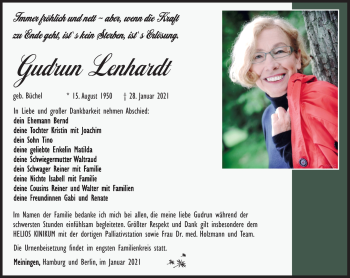 Traueranzeige von Gudrun Lenhardt von Südthüringer Presse
