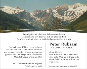 Traueranzeige von Peter Rübsam von Südthüringer Presse