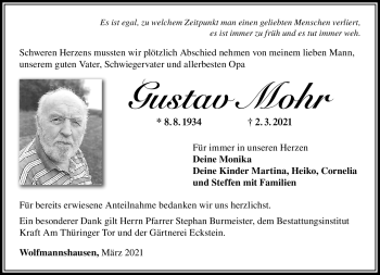 Traueranzeige von Gustav Mohr von Südthüringer Presse