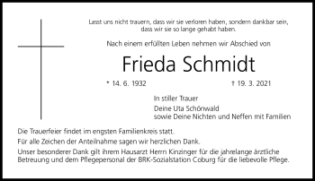 Traueranzeige von Frieda Schmidt von Neue Presse Coburg