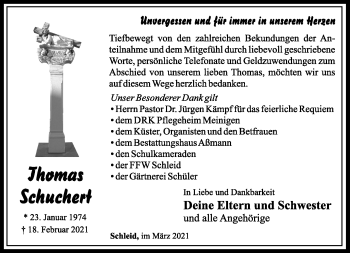 Traueranzeige von Thomas Schuchert von Südthüringer Presse