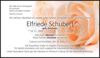 Traueranzeige von Elfriede Schubert von Neue Presse Coburg