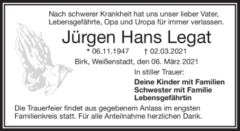 Traueranzeige von Jürgen Hans Legat von Frankenpost