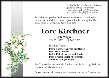 Traueranzeige von Lore Kirchner von Südthüringer Presse