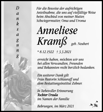 Traueranzeige von Anneliese Kramß von Südthüringer Presse