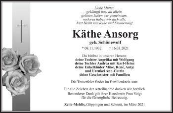 Traueranzeige von Käthe Ansorf von Südthüringer Presse
