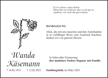 Traueranzeige von Wanda Käsemann von Südthüringer Presse