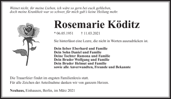 Traueranzeige von Rosemarie Köditz von Südthüringer Presse